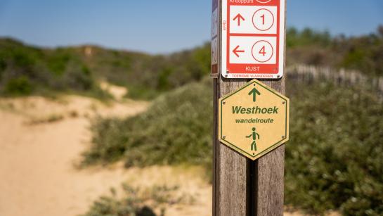 Wegwijzer voor wandelroutes in het zand van de duinen
